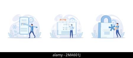 Personen, die sichere Anmeldenamen und Kennwörter verwenden, Autorisierung von Kontodaten. Zeichen verwenden die Sicherheit persönlicher Daten. Online-Registrierung für Mobiltechnologie, Stock Vektor