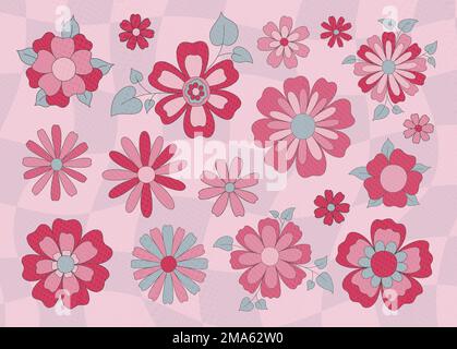 Set mit flachen Blumen im Retro-Stil. Abstrakter Vintage-Stil 1960-1970. In trendigen 2023 Farben Viva Magenta. Stock Vektor