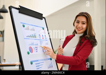 Professionelle und selbstbewusste asiatische Geschäftsfrau oder weibliche Finanzanalyste, die ihren Finanzinvestitionsplan im Vorstand zum Tee vorstellt Stockfoto