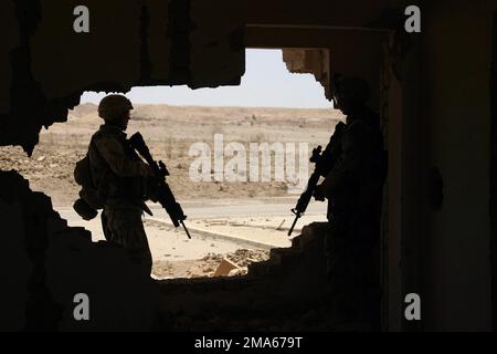 MARINES des US Marine Corps (USMC), die der Bravo Company zugeteilt wurden, 1. Bataillon, 6. Marines, räumen ein verlassenes Haus während einer Waffenruhe über den Thar-Thar-See im Irak während der Operation Khanjar. Die USMC 2D Marine Division und Mitglieder der Multinationalen Truppe West (MNF-W) führen mit den irakischen Sicherheitskräften (ISF) Aufstandsbekämpfungsoperationen durch, um die antiirakischen Kräfte zu isolieren und zu neutralisieren und so die FREIHEIT der Operation IRAQI zu unterstützen. Betrifft Operation/Serie: IRAKISCHE FREIHEITSBASIS: Teersee-Land: Irak (IRQ) Stockfoto