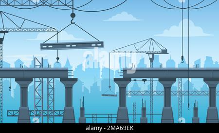 Brückenbau. Schritte der Brückenreparatur mit Kranmaschine, Architekturinstandhaltungskonzept in Cartoon-Flachbauweise. Vektordarstellung Stock Vektor