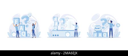 Personen stehen neben Ausrufezeichen und Fragezeichen. Frau und Mann stellen Fragen und erhalten Antworten. Konzept für häufig gestellte Fragen, s Stock Vektor