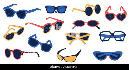 Eine andere Brille. Doodle Cartoon Sonnenbrille Plastik Metallrahmen, bunte Brille Mode Accessoires zum Sonnenschutz. Vektor isoliertes Set Stock Vektor