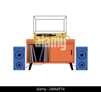 Vinyl-Player. Cartoon analoger Plattenspieler im Retro-Stil, Drehscheibe auf Sideboard, altmodisches Audiophilen-Musikgerät, Wohneinrichtung. Vektor flach Stock Vektor