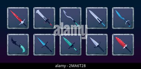 Waffen-Inventar. Cartoon mittelalterliche Fantasy-Schwerter rpg-Sprite-Spiel-Aktivposten, Kampfritzen-Breitschwert-Munition-Fähigkeiten. Vektorsammlung Stock Vektor