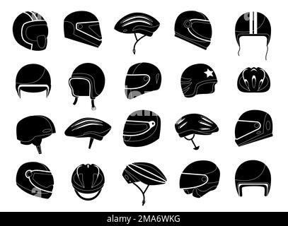 Silhouette für Motorradhelme. Monochrom-Racing-Kopfbedeckungen für Auto-Motorrad-Fahrer, Kopfschutz für Fahrten. Vektorsatz Stock Vektor
