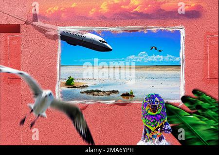 Photomontage, rosa Wand, Etosha Pan Namibia, Flugzeug, Möwe und Löwenfigur Stockfoto