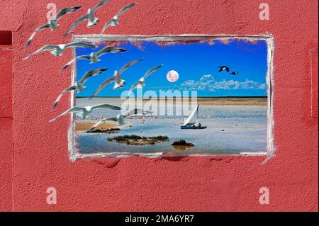 Photomontage, rosa Wand und Etosha Pan Namibia, Möwen Stockfoto