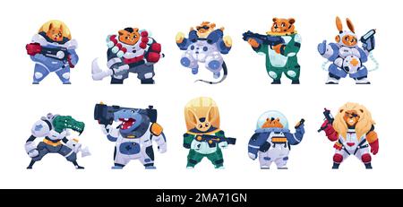 Fantasy Animal Warriors. Niedliche Zeichentrickfiguren mit Schutzschild, Schwert Helm, Fantasy Kawaii lustige Haustiere mit Ritterwaffe. Vektor Stock Vektor