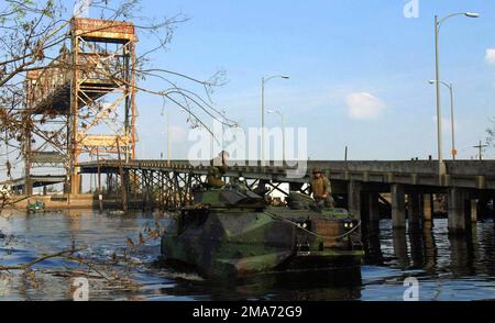 US Marine Corps (USMC) Marines an Bord eines USMC AAV7A1 Amphibian Angriffsfahrzeugs durchsuchen die Bereiche um die Chalmette Bridge in New Orleans nach Überlebenden des Hurricane Katrina. Die USMC Marines des 4. Assault Amphibian Bataillons führen zusammen mit DEM 1. Bataillon und dem 8. Marineregiment Such- und Rettungsmissionen (SAR) im gesamten Gebiet von New Orleans durch, um die Joint Task Force Katrina zu unterstützen. (Doppeltes Bild, siehe auch DMSD0605738 oder suchen Sie nach 050910M5901F002). Basis: New Orleans Bundesstaat: Louisiana (LA) Land: Vereinigte Staaten von Amerika (USA) Stockfoto