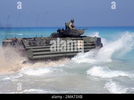 US Marine Corps (USMC) Marines AAV7A1 Assault Amphibian Vehicles der Expeditionary Strike Group 1 (ESG-1), 13. Marine Expeditionary Unit (MEU), betreten das Meer in Vorbereitung auf eine bevorstehende Amphibien-Landungsdemonstration für Übung BRIGHT STAR 05 in Mubarek Military City (MMC), Ägypten. Basis: Militärstadt Mubarak Land: Ägypten (EGY) Stockfoto