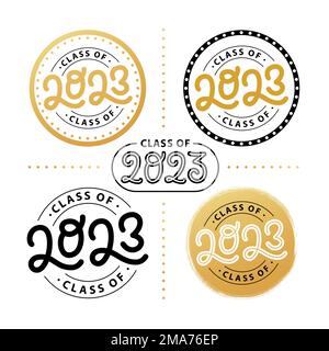 Graduate 2023 Set. Klasse von 2023. Beschriftung Logo-Stempel. Design-Jahrbuch für Hochschulabsolventen. Vektordarstellung. Stock Vektor