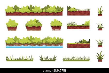 Zeichentrickgras. Spielesystem mit grünem Busch, Rasen, blumiger Umgebung, Comic-Hecke hinterlässt Kräuterelemente für ui-Gaming-Design. Vektor isoliertes Set Stock Vektor