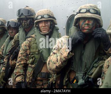 US Marine Corps (USMC) Marines der 31. Marine Expeditionary Unit (MEU), Fox Company (F CO), warten an Bord eines USMC CH-46E Sea Knight Hubschraubers an Bord des US Navy (USN) Amphibious Transport Dock Ship USS JUNEAU (LPD 10) während der Amphibious Landing Übung '06. Die jährliche bilaterale Übung soll die Interoperabilität verbessern, die Bereitschaft erhöhen und die beruflichen Beziehungen zwischen den Streitkräften der USA und der Philippinen aufrechterhalten. Basis: USS Juneau (LPD 10) Land: Philippinen (PHL) Stockfoto