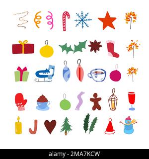 Set mit winterlichen Designelementen. Weihnachtsschmuck. Vektorgrafik. Stock Vektor