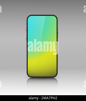 Ein Smartphone-Layout mit einem gelb-blauen Farbverlaufsbildschirm. Realistisches 3D-Mobiltelefon mit Schatten auf grauem Hintergrund. Stock Vektor