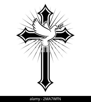 Wunderschönes gotisches christliches Kreuz mit Pfirsichtaube und Olivenzweigkruzifix-Vektor isoliert auf weißem Hintergrund Stock Vektor