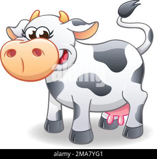 Lächelnder fröhlicher, süßer Cartoon schwarz-weißer Milchkuh Figur Vektor Illustration isoliert auf weißem Hintergrund Stock Vektor