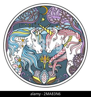 Stilisierte, handgezeichnete, farbige Einhorn-Figur mit magischen Blumen-Vektorgrafik. Magisches Pferd im Doodle-zentangle-Stil. Rundes Spitzenmuster. Stock Vektor