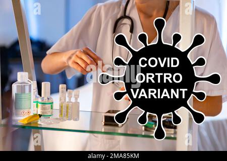 ORTRO. Variante ORTRO. Ortro Covid. Neue Variante des SARS-CoV-2-Coronavirus. Subvariante von Omicron. Horizontale Konstruktion. Virus-Design und schwarzer Text. Stockfoto