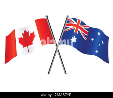 kanadische und australische Flaggen im Beziehungsbündnis oder gegen gekreuzten Vektor isoliert auf weißem Hintergrund Stock Vektor