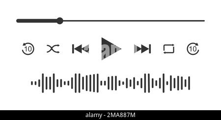 Video- oder Musik-Player-Schnittstelle mit Fortschrittsleiste, Equalizer-Welle und verschiedenen Schaltflächensymbolen. Einfache Mediaplayer-Panel-Vorlage für mobile App. Grafische Vektordarstellung Stock Vektor