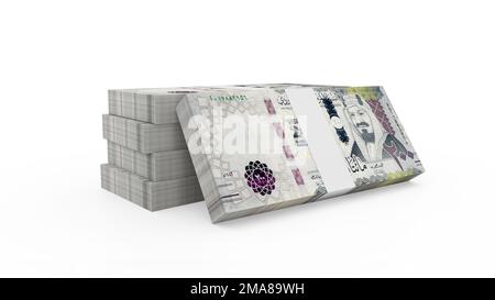 Saudi-Arabien 200 Riyals-Banknoten. Ein Haufen saudischer Riyal Banknoten von 200 SR. 3D-Rendern Stockfoto