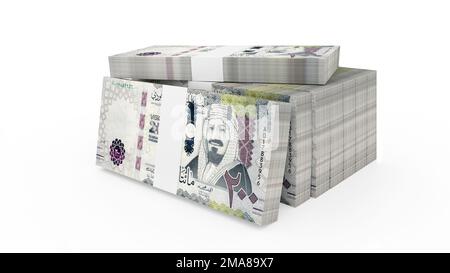 Saudi-Arabien 200 Riyals-Banknoten. Ein Haufen saudischer Riyal Banknoten von 200 SR. 3D-Rendern Stockfoto