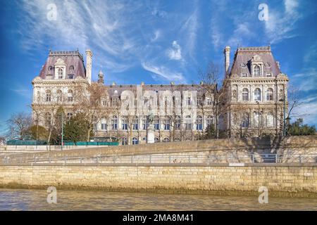 Paris, die Fassade des Hotels de Ville, Rathaus der französischen Hauptstadt, an der seine Stockfoto