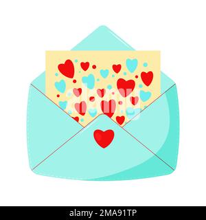 Blauer Vektorumschlag. Abbildung: Geöffneter Umschlag mit Buchstaben und Herzen. Stock Vektor