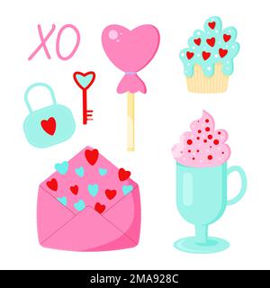 Vektorset für den Valentinstag. Umschlag, Kaffee, Pfannkuchen, Lollipp, Schloss und Schlüssel Stock Vektor