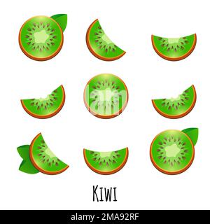 Leuchtendes Vektorset aus bunten Halb-, Scheiben- und ganzen frischen Kiwis. Frischer Cartoon Kiwi isoliert auf weißem Hintergrund. Stock Vektor