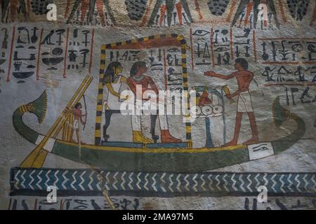 Pilgerfahrt nach Abydos, Sennefer und seine Frau Merit auf einer Barke, Grab des Sennefer, Gräber der Noblen, Theben-West, Ägypten Stockfoto