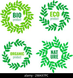 Satz von kreisförmigen ökologischen grünen Rahmen mit freundlichem Text isoliert auf weißem Hintergrund mit Emblemen, Elementen, Rahmen oder Logo aus organischen Blättern. Eco conce Stock Vektor