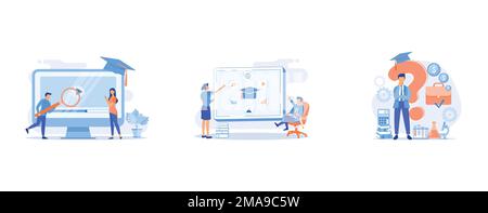 Internet-Unterricht, Planung der Strategie zur Geschäftsausweitung, Absolventin wählt College, flacher Vektor, moderne Illustration Stock Vektor