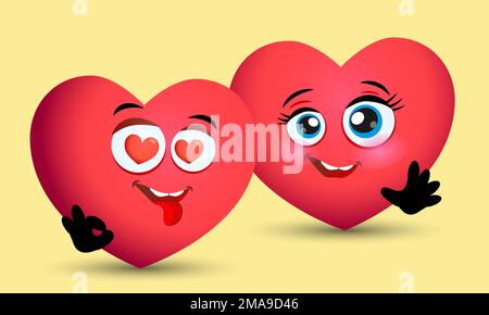 Vektordarstellung von zwei rot lächelnden Herzen in der Liebe. Kunstdesign für Valentinstagsgrüße und Karte, Web, Banner, Poster, Flyer, Broschüre, Druck. Stock Vektor