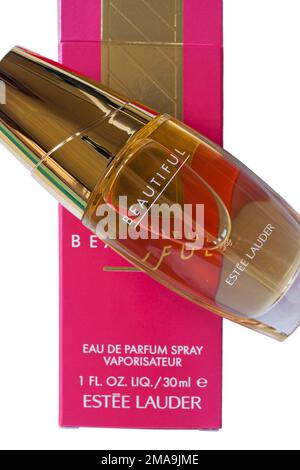 Schachtel mit wunderschönem Eau de Parfum Spray Vaporisateur von Estee Lauder mit Flasche oben auf weißem Hintergrund