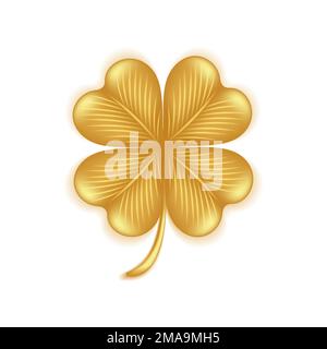 Goldenes vierblättriges Kleeblatt, irisches Nationalsymbol für Happy St. Patricks Tag. Blattgold isoliert auf weißem Hintergrund. Vektordarstellung. Stock Vektor