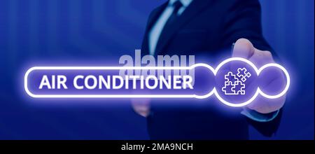 Schild mit der Aufschrift „Klimaanlage“. Betriebswirtschaftliche Geräte zum Waschen von Luft und zur Regelung von Luftfeuchtigkeit und Temperatur Stockfoto