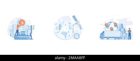 Kraftwerk, Elektroindustrie, Energieerzeugung, GPS-Abdeckungsbereich, weltweiter Lieferservice bestellen, Flachvektor einstellen, moderne Illustration Stock Vektor