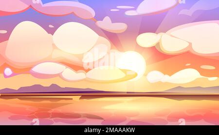 Vektor-Cartoon-Illustration eines wunderschönen Sonnenuntergangs oder Sonnenaufgangs mit Wolken. Sommerlandschaft mit bewölktem Himmel, Sonnenlicht und Sonne über dem Meer. Stock Vektor