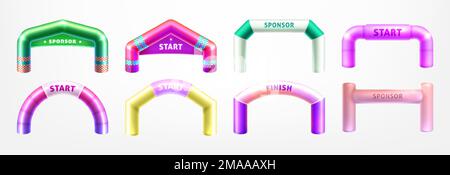 Realistische 3D farbenfrohe aufblasbare Bögen für Sportwettkämpfe. Bogengänge in verschiedenen Formen für Marathon, Rennen und Sportveranstaltungen im Freien. Beginn und Ende der Bogengänge, isoliert auf weißem Hintergrund. Stock Vektor