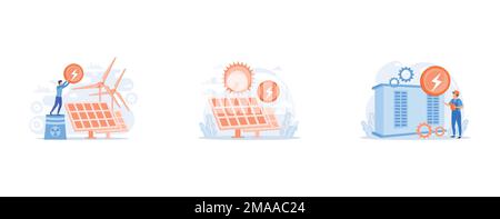 Atomreaktor, Windmühle und Solarbatterie, Energieerzeugung, Solarenergietechnologie, Kraftwerk, Stromerzeugung, Stromversorger Stock Vektor
