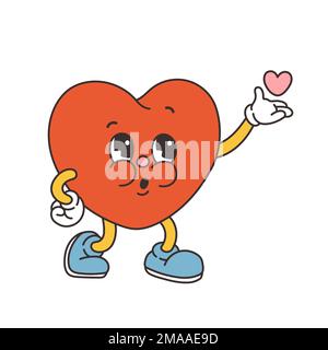 Trendige groovy Illustration zum Valentinstag. Valentinstag im Retro-Cartoon-Stil. 70s 60s ästhetischer Vintage-Vektor. Stock Vektor