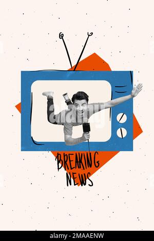 Kreative Collage eines Fernsehers Live-Streaming-Reporter-Typ spricht über aktuelle politische Nachrichten Stockfoto