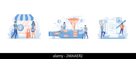 Kunden mit kleinen Leuten und Taschen, die online mit ihrem Smartphone einkaufen, kleine Geschäftsleute, die auf der Suche nach dem System mit der geringsten Kapazität sind, Geschäftsleute, die es tun Stock Vektor