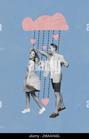 Surreale Vorstellungskraft Poster Collage von zwei Menschen männliche Dame tanzen Genießen sie die flitterwochen am valentinstag bei regnerischem Herzwetter Stockfoto