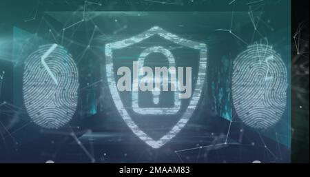 Abbildung: Digitales Schild mit Vorhängeschloss und Fingerabdrücken über Verbindungen und binärem Code Stockfoto