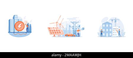 Umweltfreundliche geothermische erneuerbare Energieanlage und Glühbirne, Geschäftsmann in einer grünen Stadt und Elektroauto mit alternativem Brennstoff, Architekturprojekt Stock Vektor