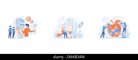 Verheiratetes Paar auf der Suche nach Hause, Ein Mann am Arbeitsplatz mit Laptop, großer Glühbirne, Rakete und menschlichem Gehirn, Wissenschaftler, die Apfel Puzzle machen, flach gelegt Stock Vektor